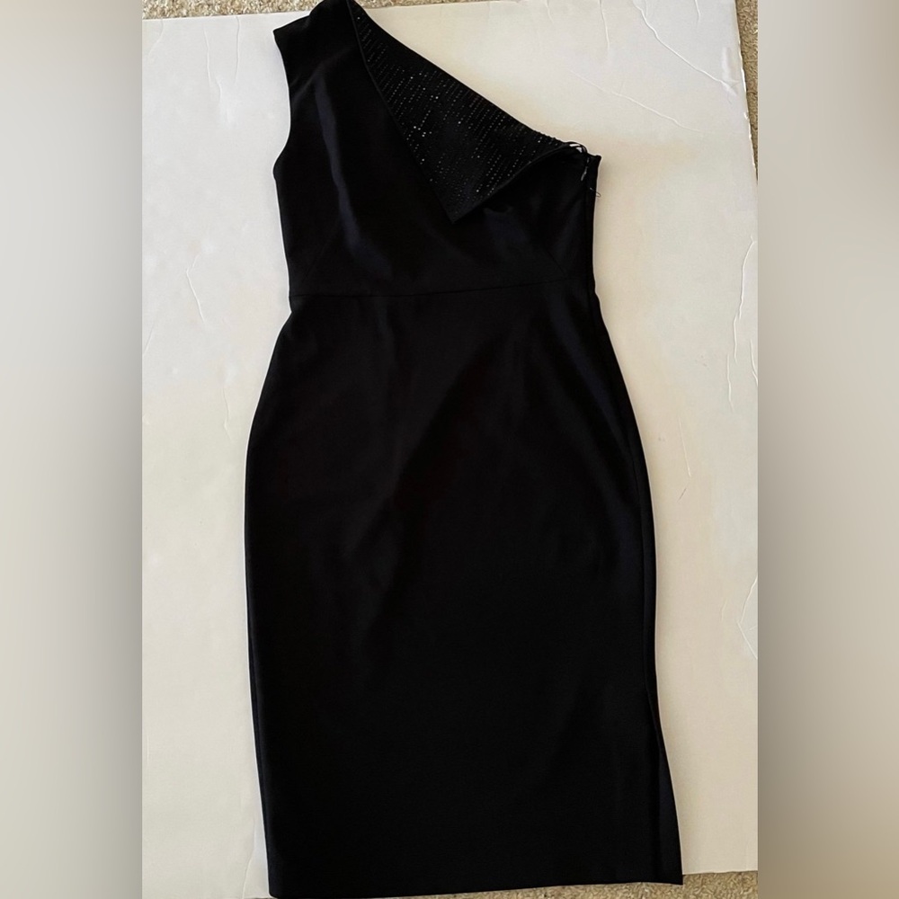 Black Embellished Rhinestone One Shoulder Calvin Klein Sheath Dress